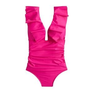 J.Crew Ruched Ruffle One-Piece Swimsuit Pink V-Neck Size 18 NWT